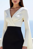 Ivory and Black Satin V-Neck Flare Sleeve Long Work Dress