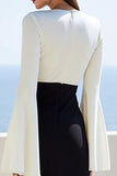 Ivory and Black Satin V-Neck Flare Sleeve Long Work Dress