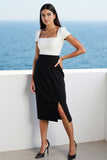 Ivory and Black Bodycon Satin Midi Work Dress with Slit
