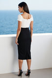 Ivory and Black Bodycon Satin Midi Work Dress with Slit