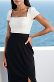 Ivory and Black Bodycon Satin Midi Work Dress with Slit