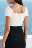 Ivory and Black Bodycon Satin Midi Work Dress with Slit