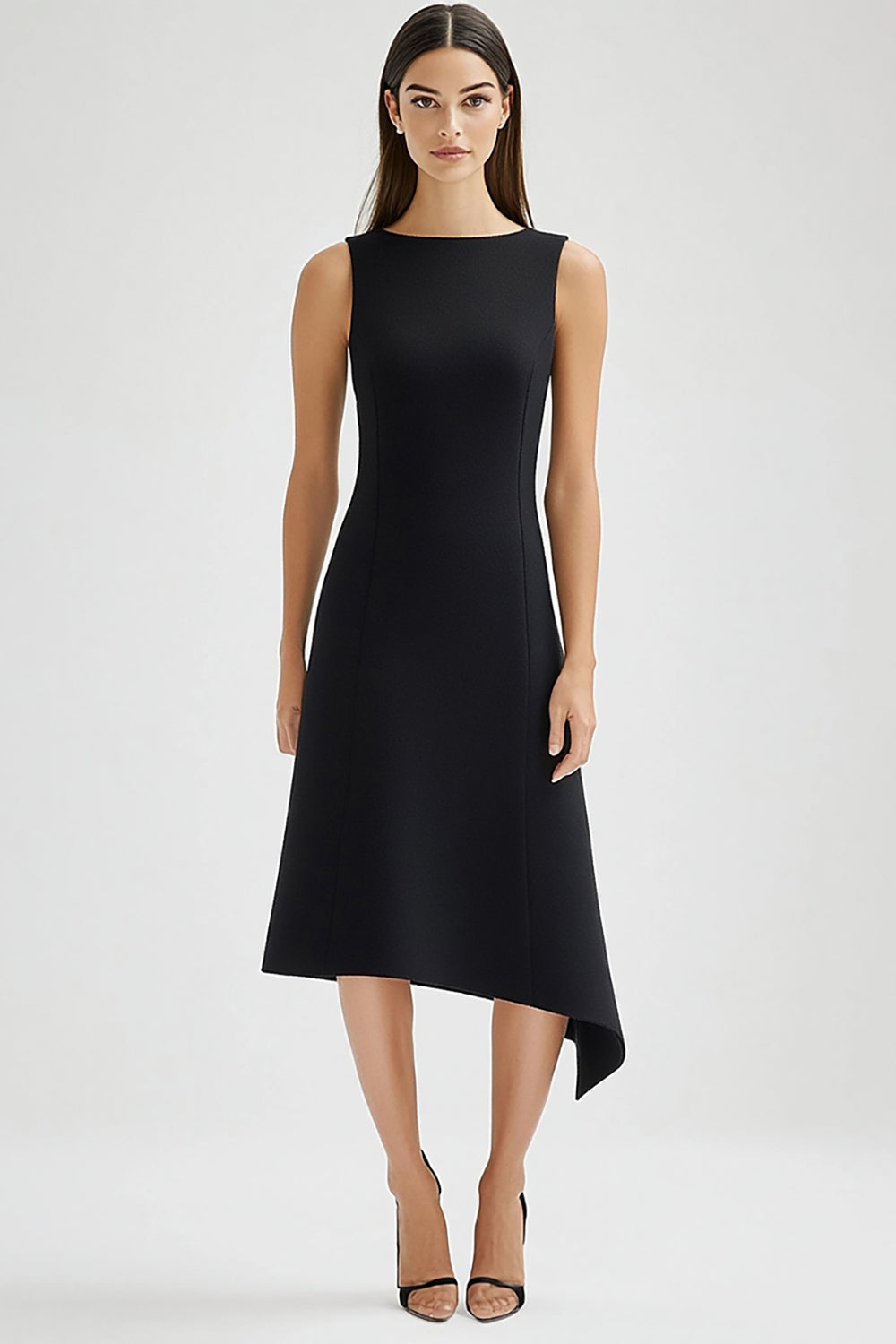 Simple Black Satin Boat Neck A Line Long Work Dress