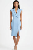 Sky Blue Satin Peak Lapel Bodycon Cap Sleeves Short Work Dress with Slit