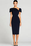 Black Short Sleeves Bodycon Satin Midi Work Dress