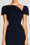 Black Short Sleeves Bodycon Satin Midi Work Dress