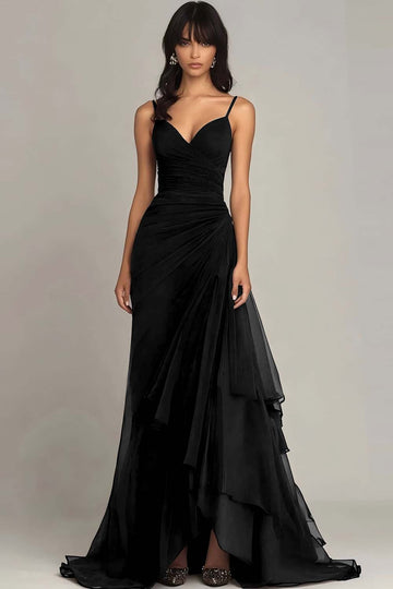 Dark Brown Spaghetti Straps A Line Ruffled Long Formal Dress
