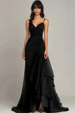 Dark Brown Spaghetti Straps A Line Ruffled Long Formal Dress