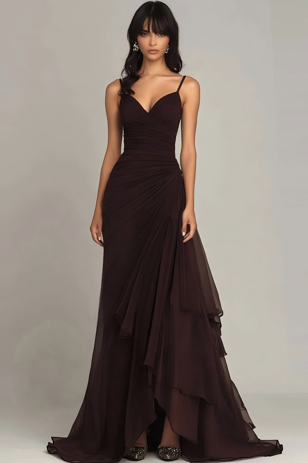 Dark Brown Spaghetti Straps A Line Ruffled Long Formal Dress