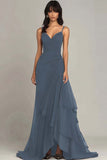 Dark Brown Spaghetti Straps A Line Ruffled Long Formal Dress