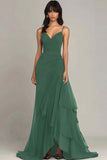 Dark Brown Spaghetti Straps A Line Ruffled Long Formal Dress