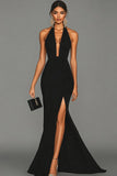 Black Mermaid Halter Satin Long Formal Dress with Slit