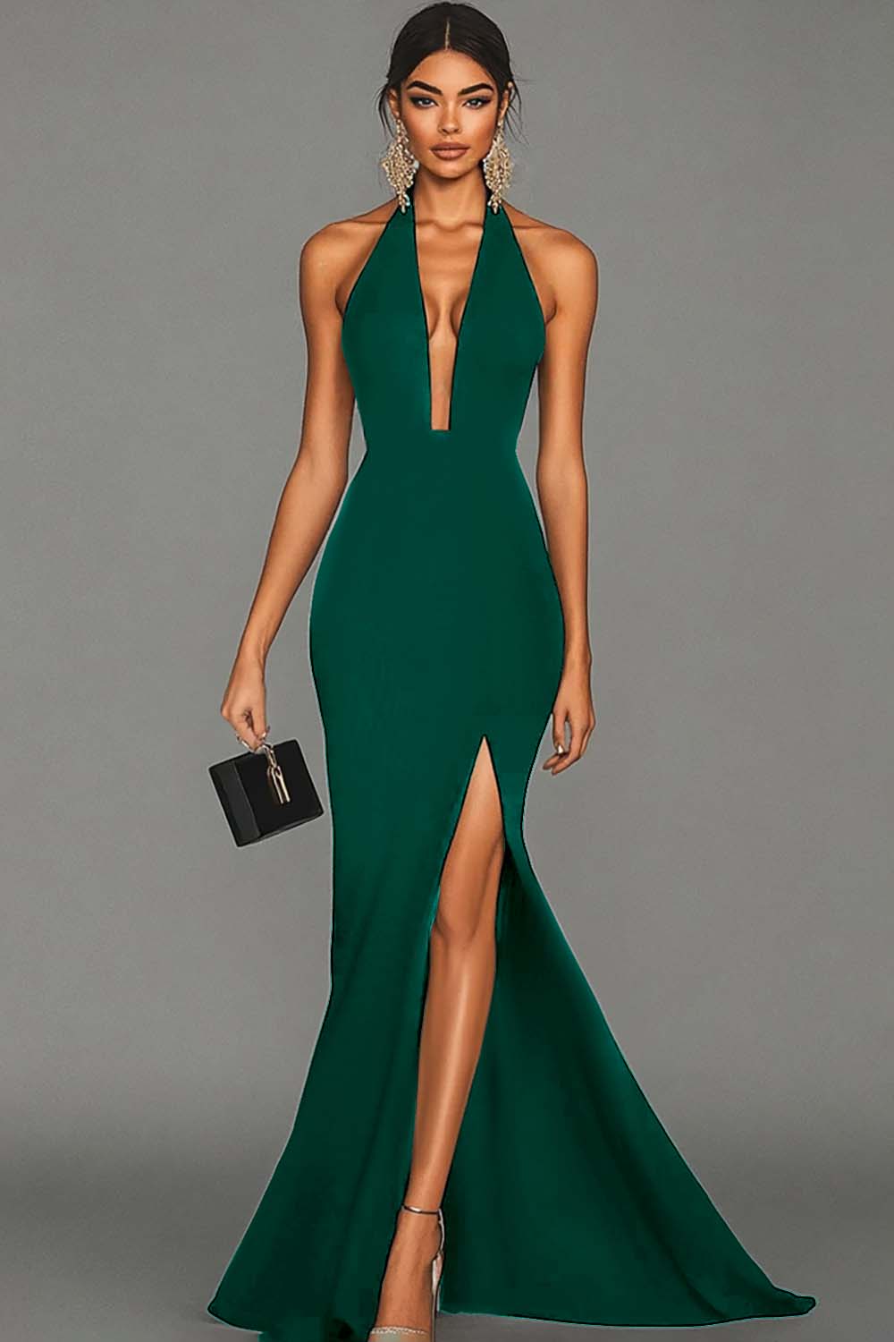 Black Mermaid Halter Satin Long Formal Dress with Slit