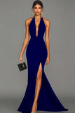 Black Mermaid Halter Satin Long Formal Dress with Slit