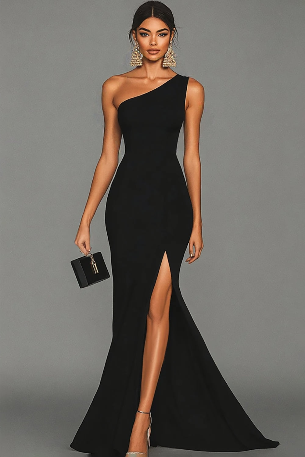 Black Satin Mermaid One Shoulder Long Formal Dress with Slit