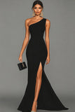 Black Satin Mermaid One Shoulder Long Formal Dress with Slit