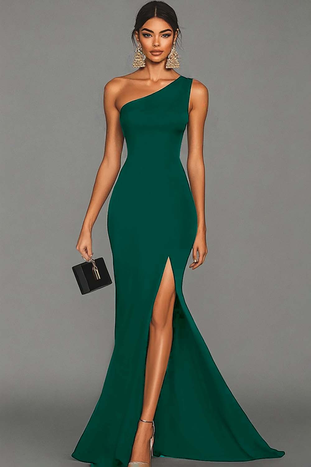 Black Satin Mermaid One Shoulder Long Formal Dress with Slit