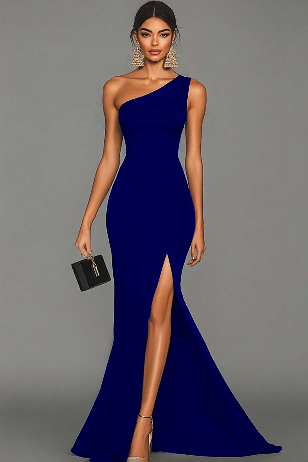 Black Satin Mermaid One Shoulder Long Formal Dress with Slit