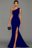 Black Satin Mermaid One Shoulder Long Formal Dress with Slit