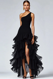 Black One Shoulder Ruffled A Line High-Low Formal Dress with Slit
