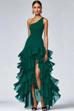 Black One Shoulder Ruffled A Line High-Low Formal Dress with Slit