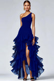 Black One Shoulder Ruffled A Line High-Low Formal Dress with Slit