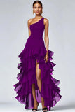 Black One Shoulder Ruffled A Line High-Low Formal Dress with Slit