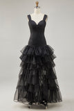 Black A Line Organza High-Low Formal Dress with Ruffles