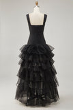 Black A Line Organza High-Low Formal Dress with Ruffles