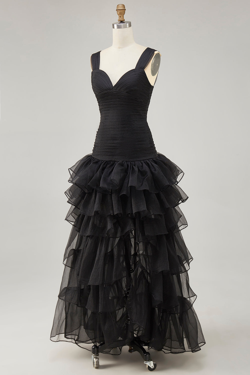 Black A Line Organza High-Low Formal Dress with Ruffles