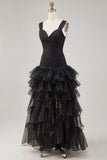 Black A Line Organza High-Low Formal Dress with Ruffles