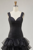 Black A Line Organza High-Low Formal Dress with Ruffles