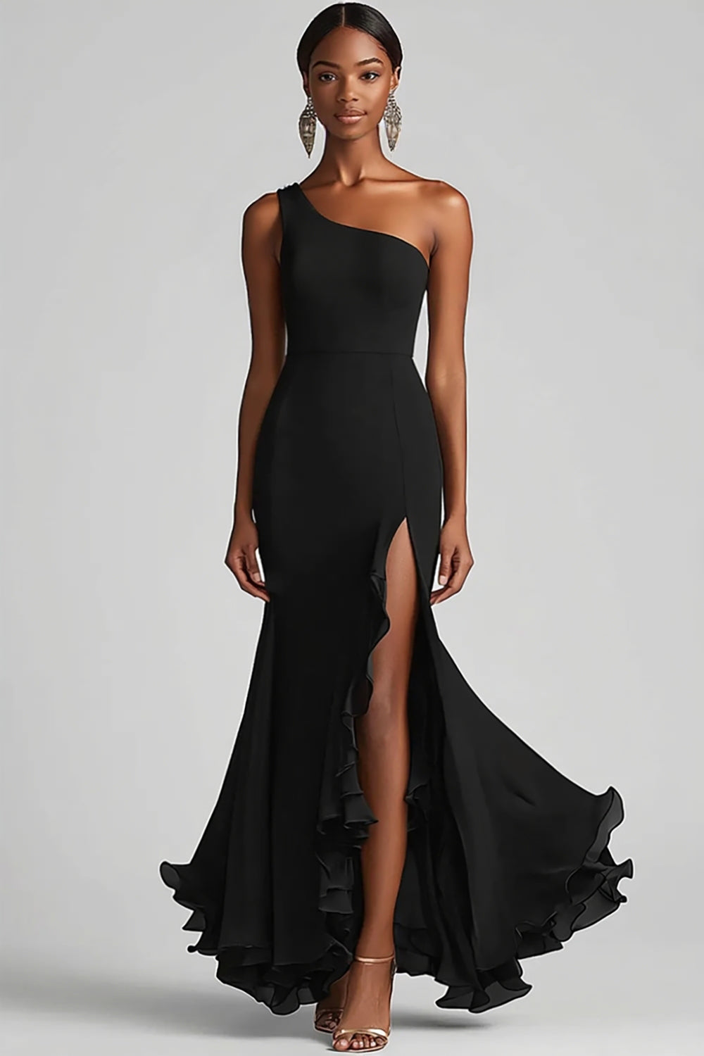Black Chiffon One Shoulder Mermaid Long Formal Dress with Slit