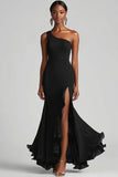 Black Chiffon One Shoulder Mermaid Long Formal Dress with Slit