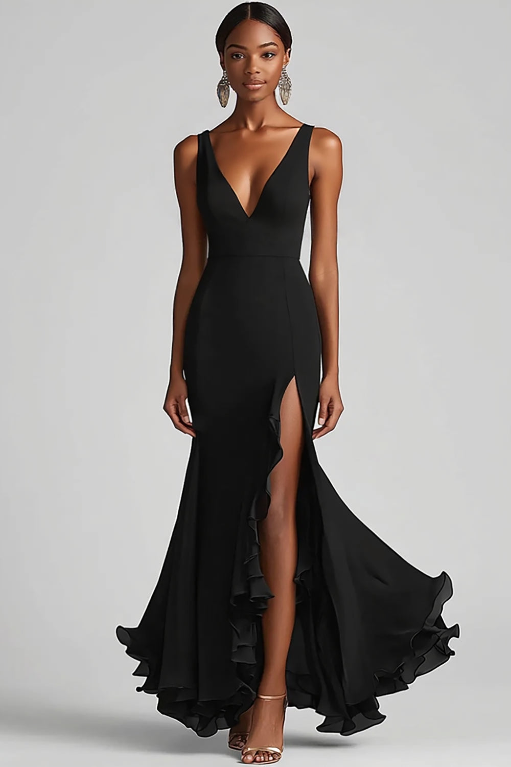 Black V Neck Ruffled Chiffon Mermaid Long Formal Dress with Slit