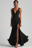 Black V Neck Ruffled Chiffon Mermaid Long Formal Dress with Slit