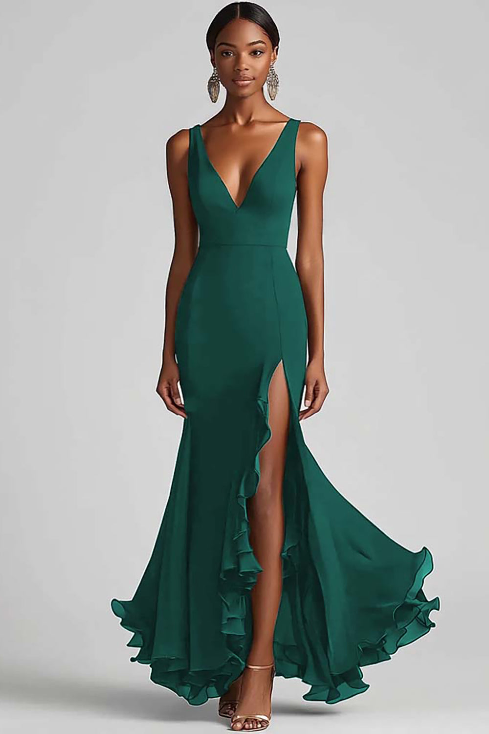 Black V Neck Ruffled Chiffon Mermaid Long Formal Dress with Slit