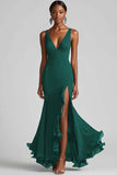 Black V Neck Ruffled Chiffon Mermaid Long Formal Dress with Slit