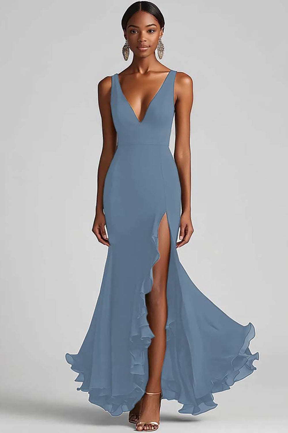 Black V Neck Ruffled Chiffon Mermaid Long Formal Dress with Slit