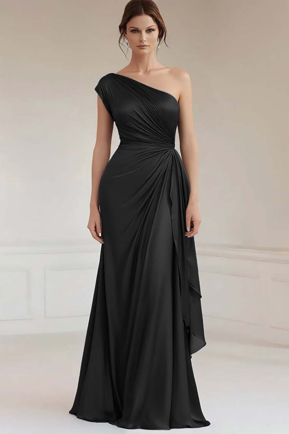 One Shoulder Grey Blue Ruched Long Formal Dress with Sash