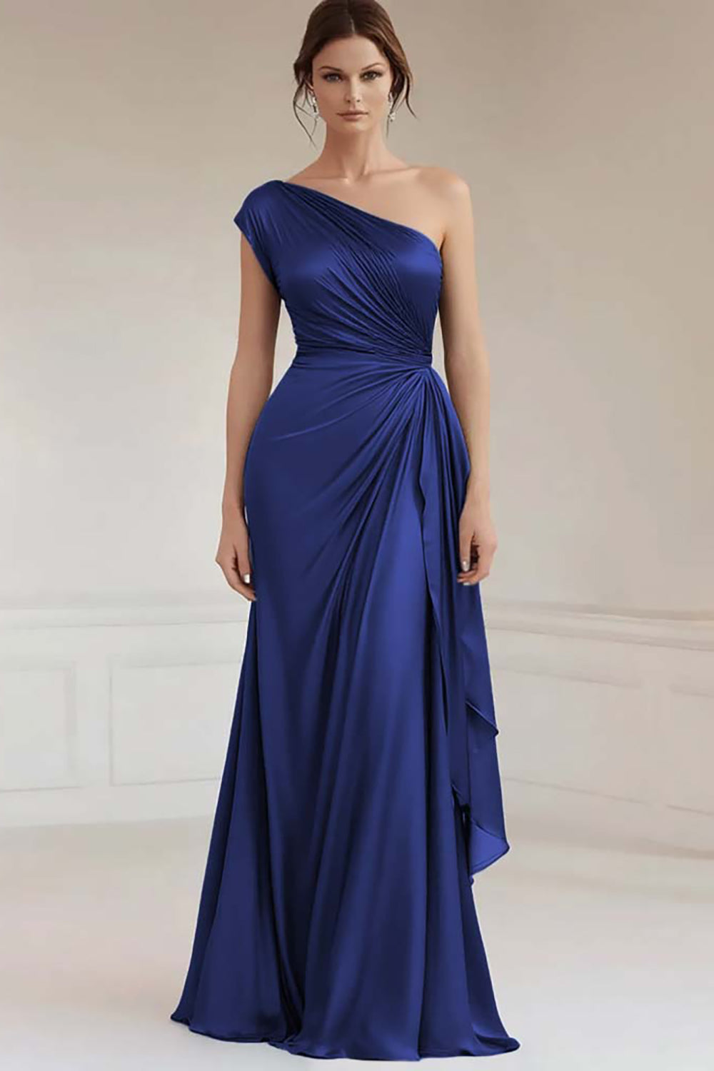 Grey Blue One Shoulder Ruched A Line Long Formal Dress