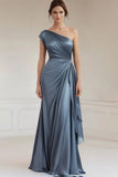 Grey Blue One Shoulder Ruched A Line Long Formal Dress