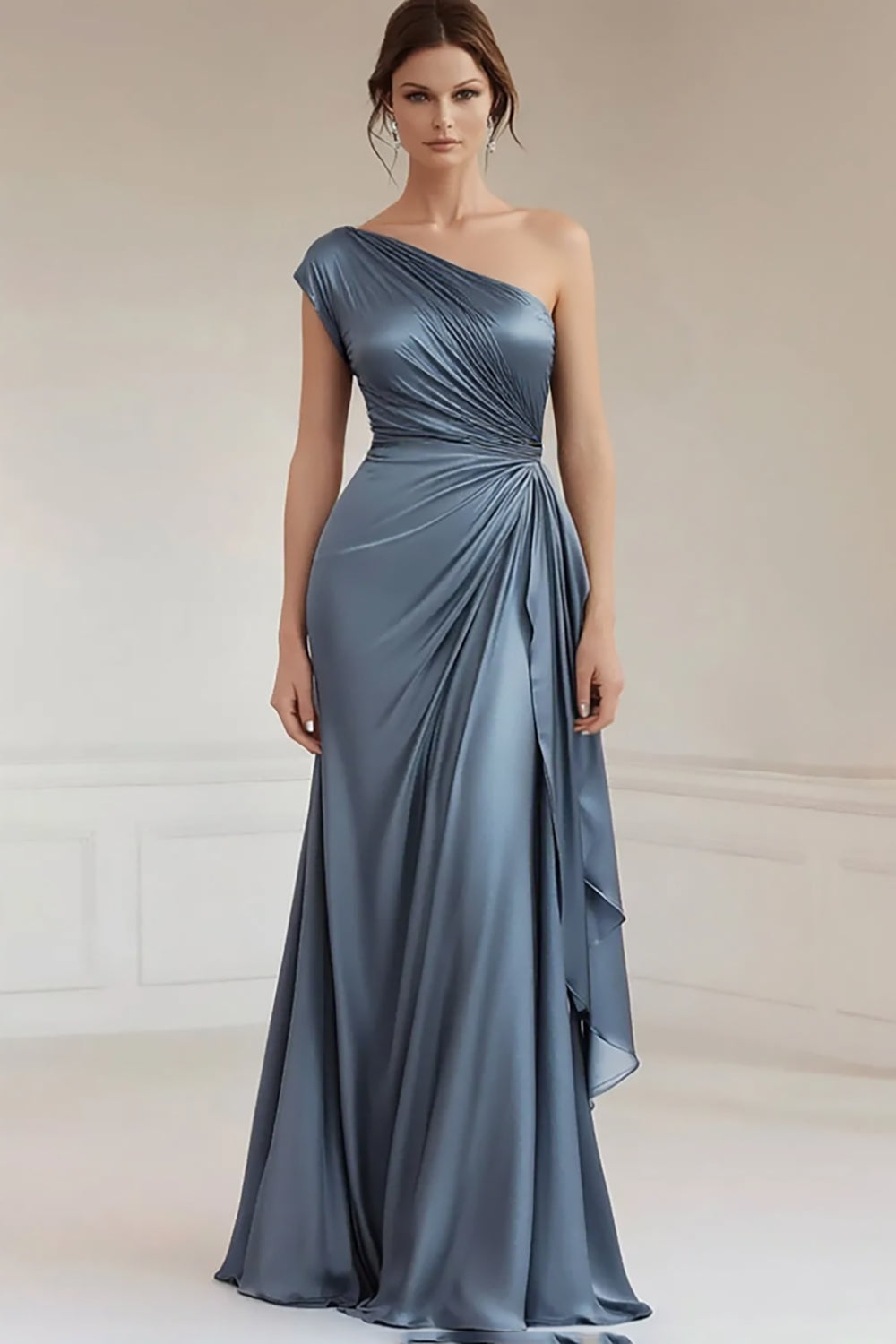 One Shoulder Grey Blue Ruched Long Formal Dress with Sash
