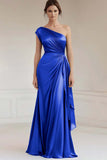 Grey Blue One Shoulder Ruched A Line Long Formal Dress