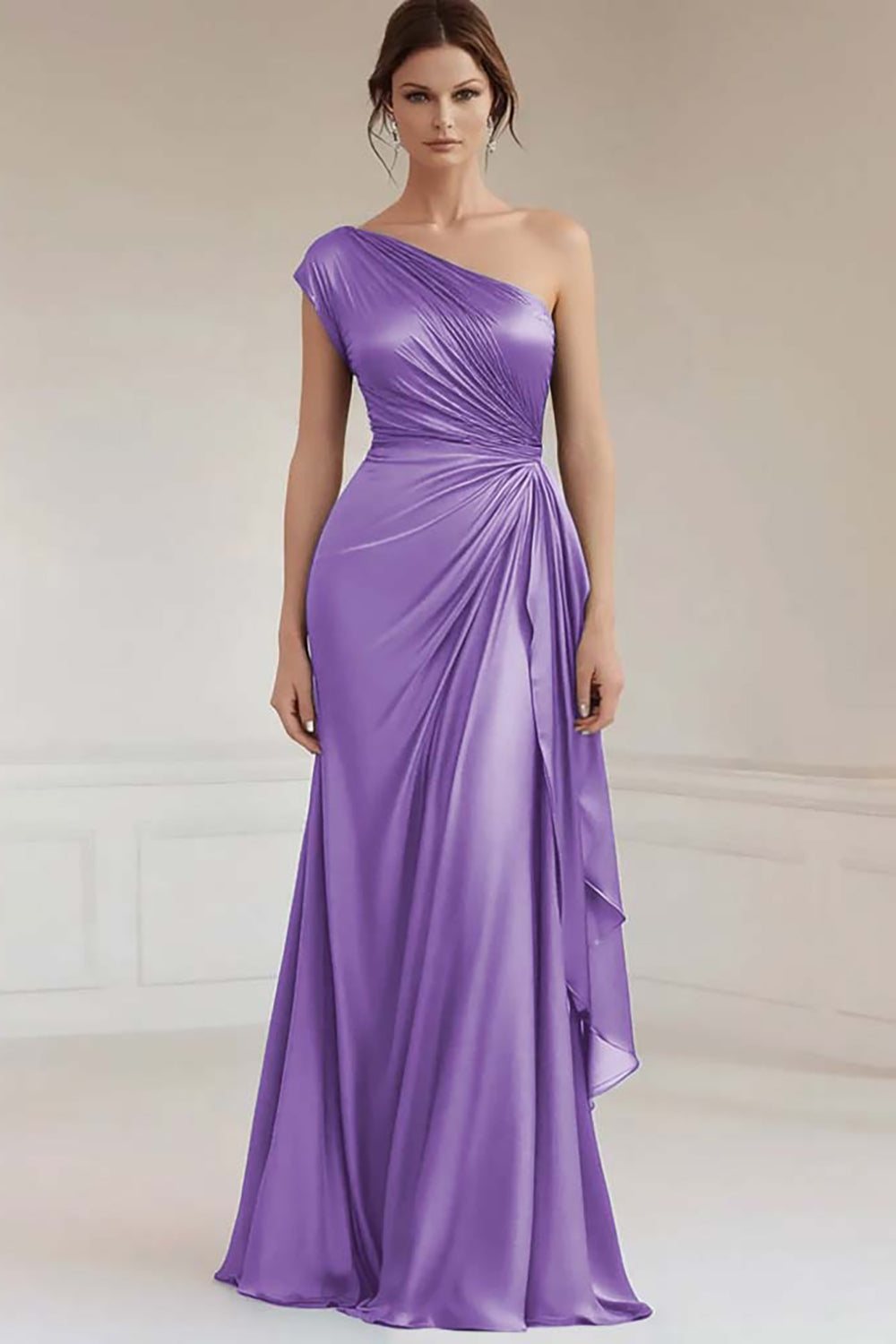 Grey Blue One Shoulder Ruched A Line Long Formal Dress