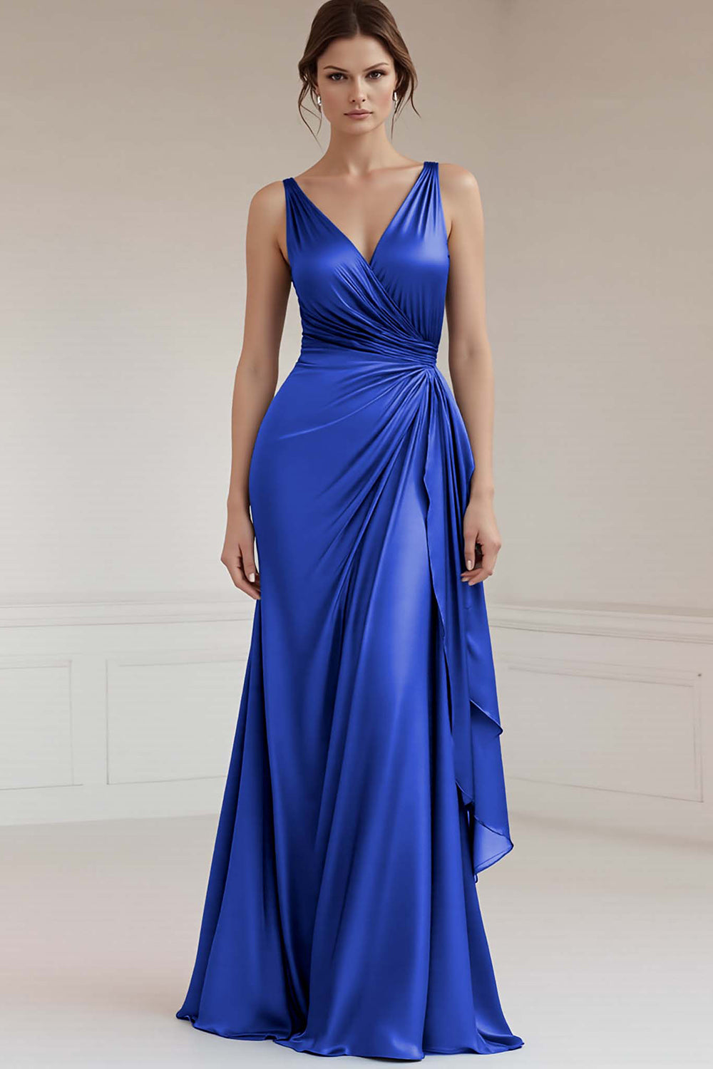 Grey Blue V Neck Sheath Ruffled Long Formal Dress