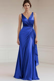 Grey Blue V Neck Sheath Ruffled Long Formal Dress
