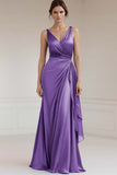 Grey Blue V Neck Sheath Ruffled Long Formal Dress