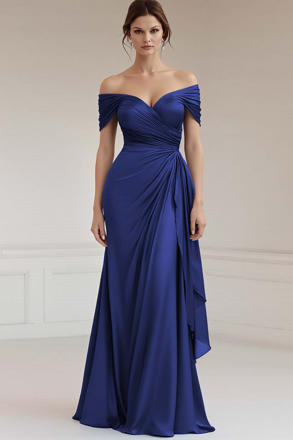 Off The Shoulder Sheath Ruffled Long Grey Blue Formal Dress