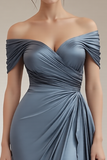 Off The Shoulder Sheath Ruffled Long Grey Blue Formal Dress